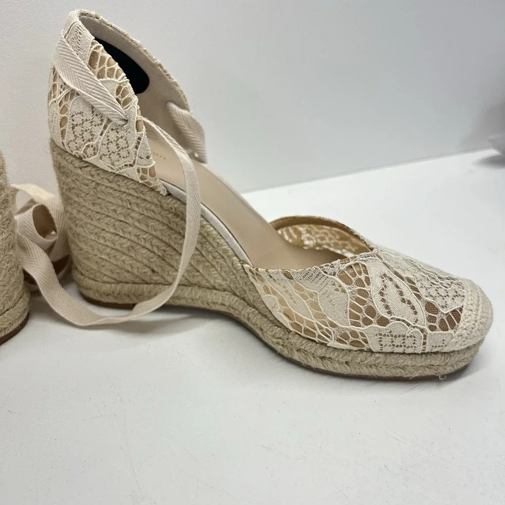 Reformation Camilla Lace Up Wedge Espadrille Cream‎ Lace Size 10.5 Boho Wedding